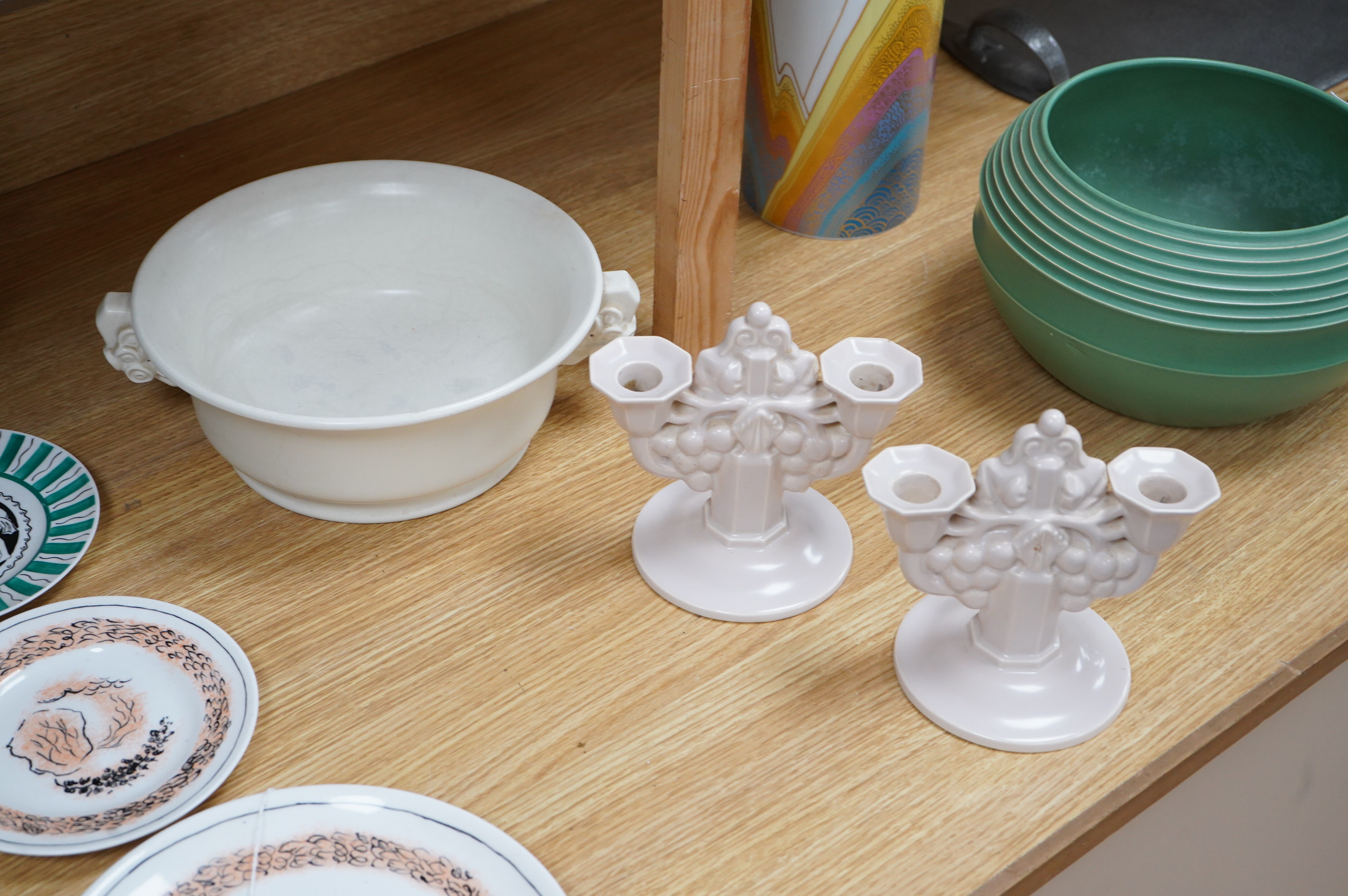 John Adam for Poole pottery, a pair of two branch candelabra and a magnolia white glazed bowl number 672, largest 29cm wide